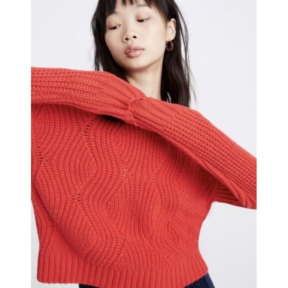 Madewell Cable Knit Sweater Womens Small Red Crewneck Alpaca Wool Blend Pullover - Picture 4 of 13